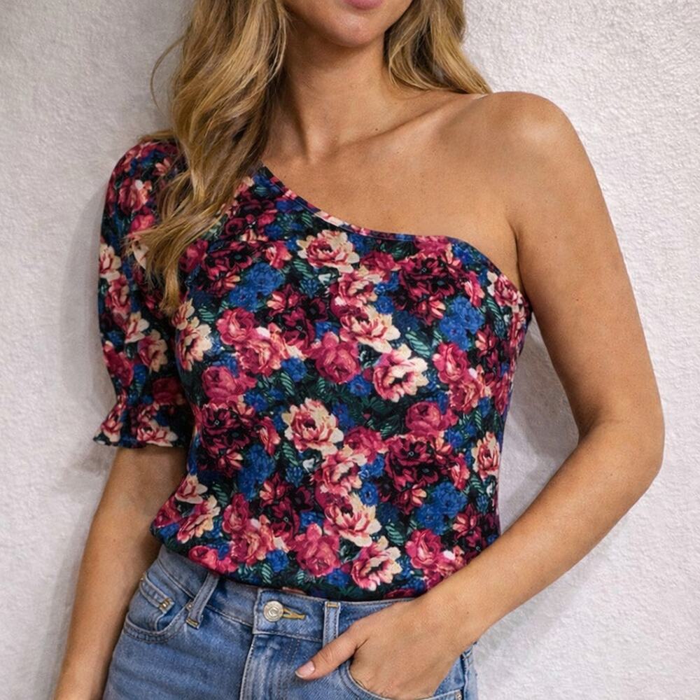Shein Black Floral One Shoulder Puff Sleeve Blouse Sz S